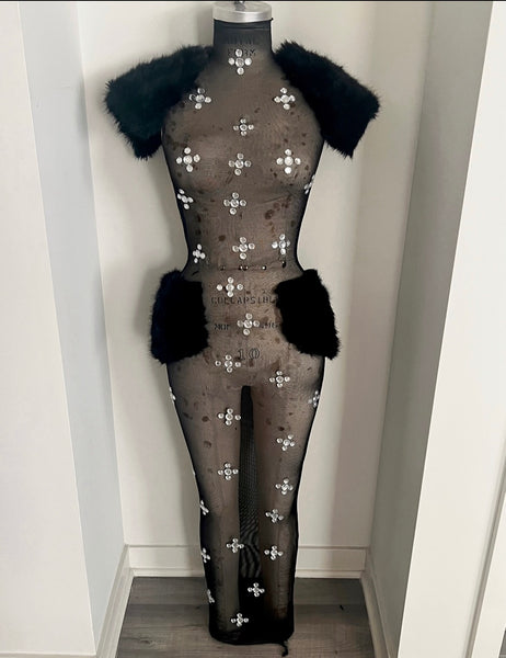 Crystal Stones and Fur Mesh Dress